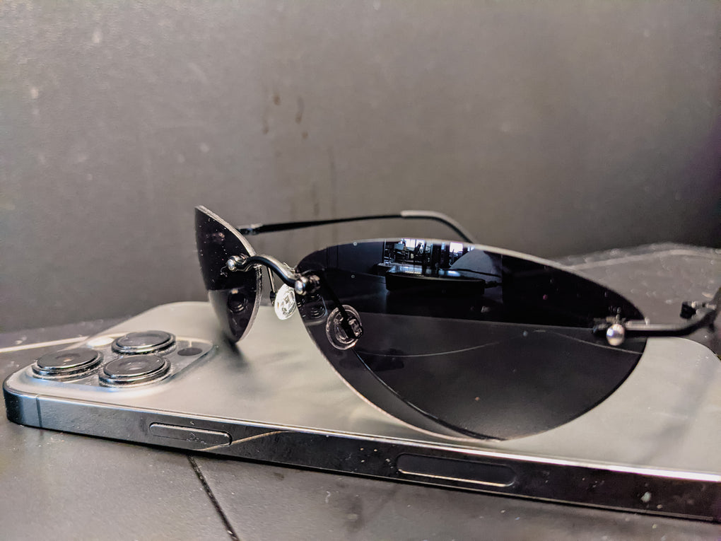 Small Rimless Oval Neo Matrix Style Sunglasses Metal Super Dark Mirror MT84